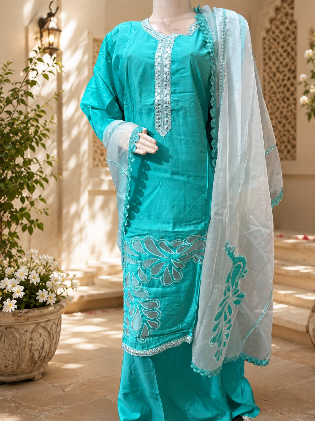Designer semi stitched Applique work suit