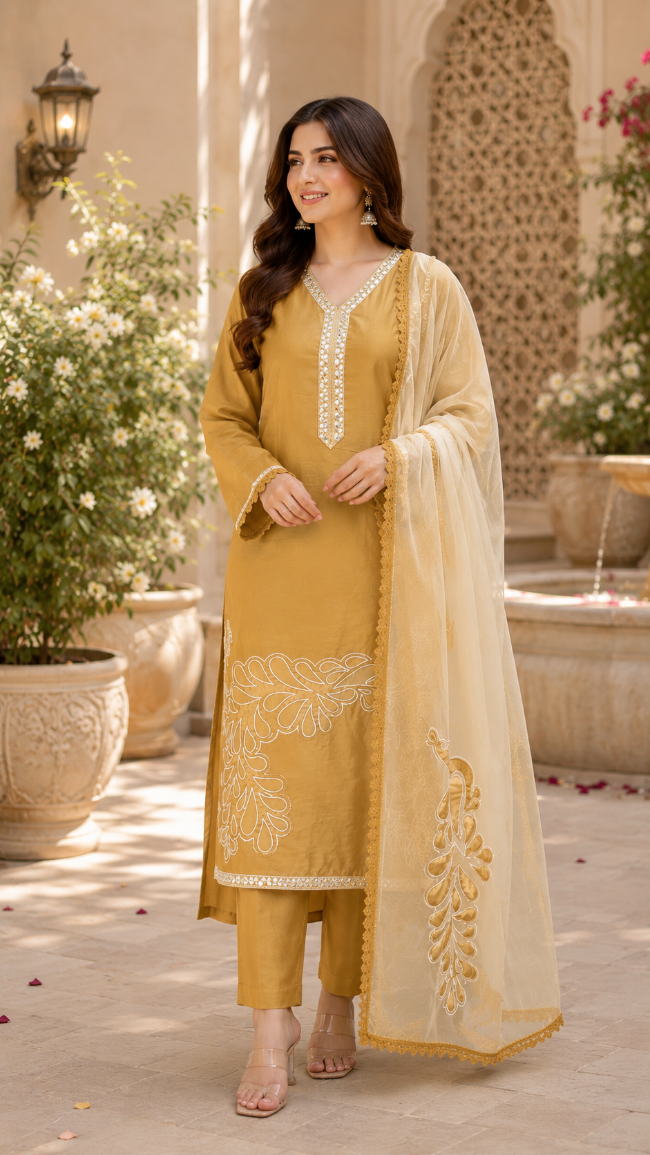 Designer semi stitched Applique work suit