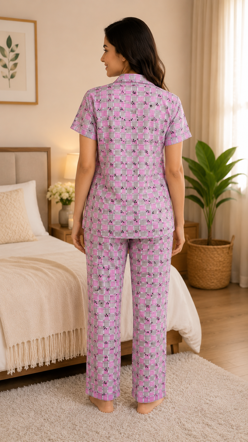 Cotton front open print night suit