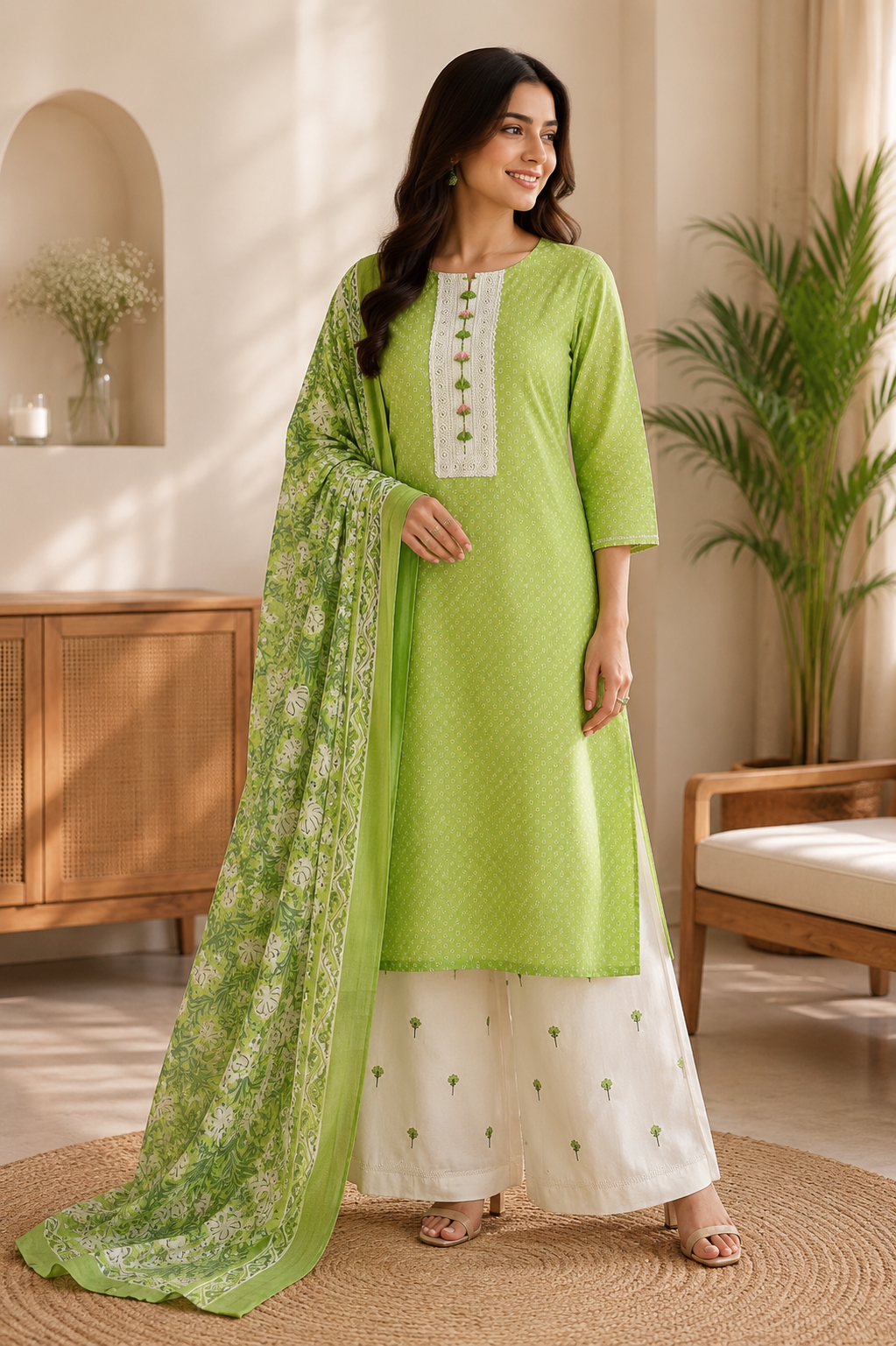 Pure cotton suit with embroidered bottom and print dupatta