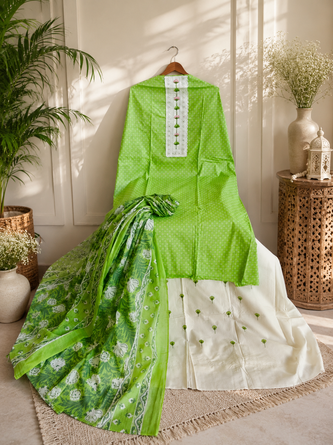 Pure cotton suit with embroidered bottom and print dupatta