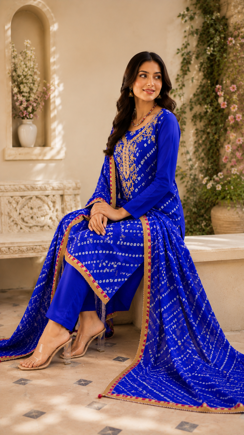 Jaipuri bandhej silk royal blue gotta patti work suit