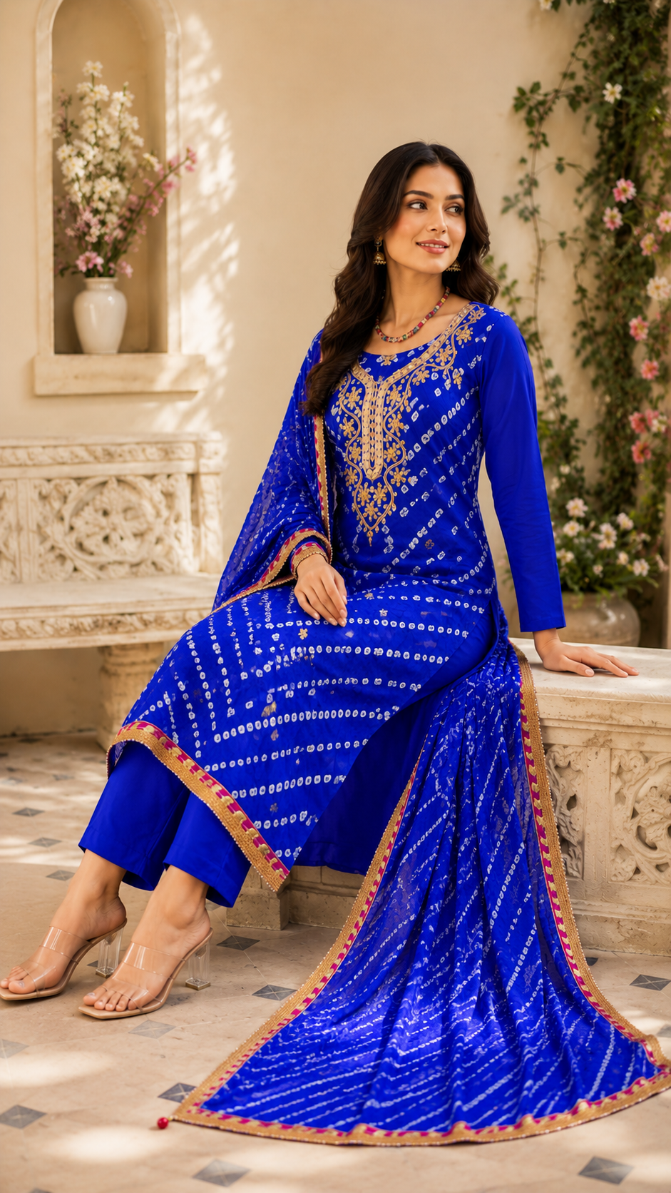 Jaipuri bandhej silk royal blue gotta patti work suit