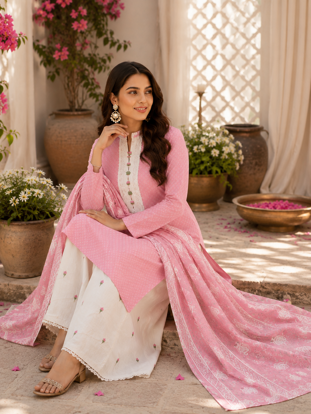 Pure cotton suit with embroidered bottom and print dupatta