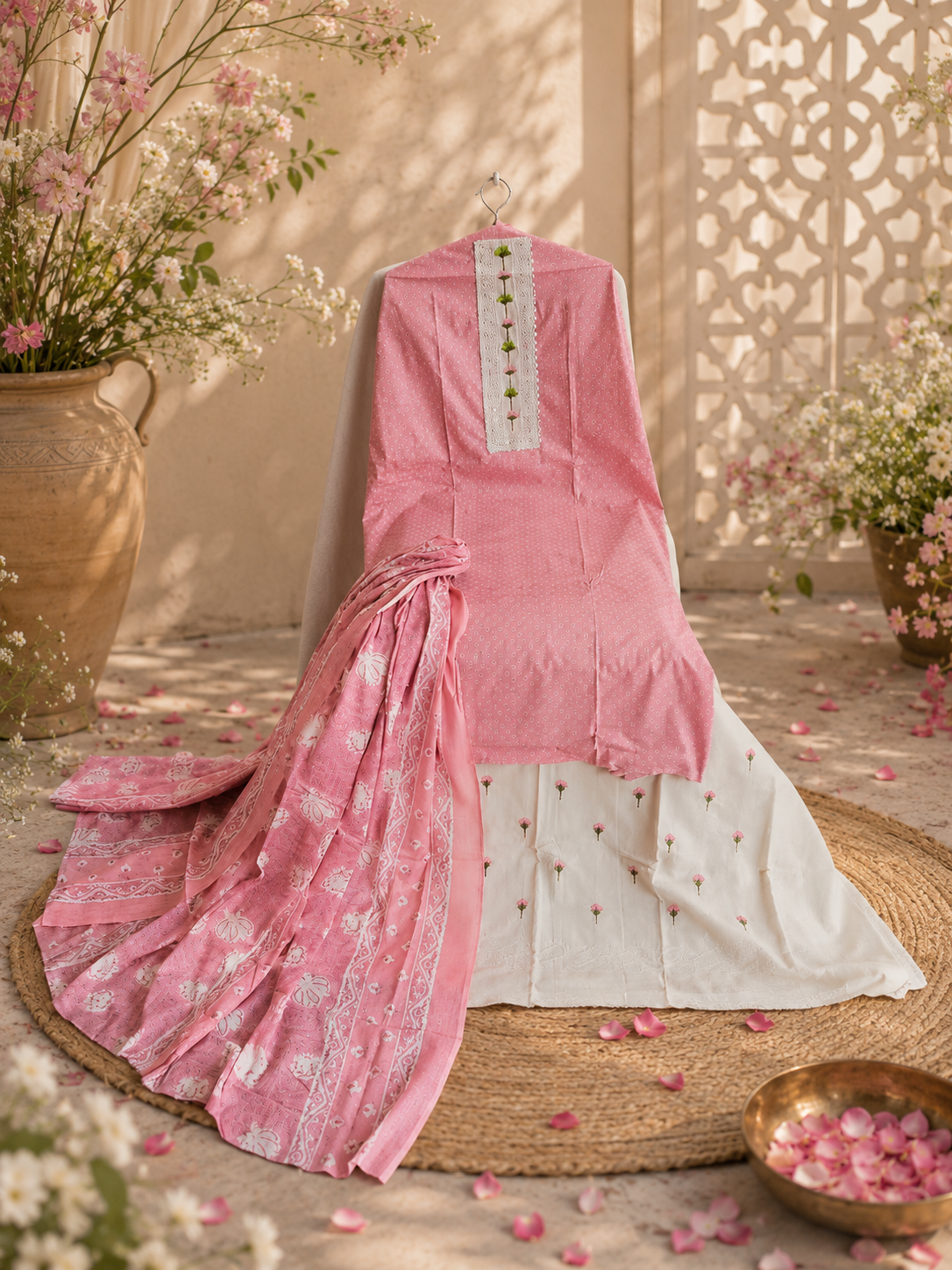 Pure cotton suit with embroidered bottom and print dupatta