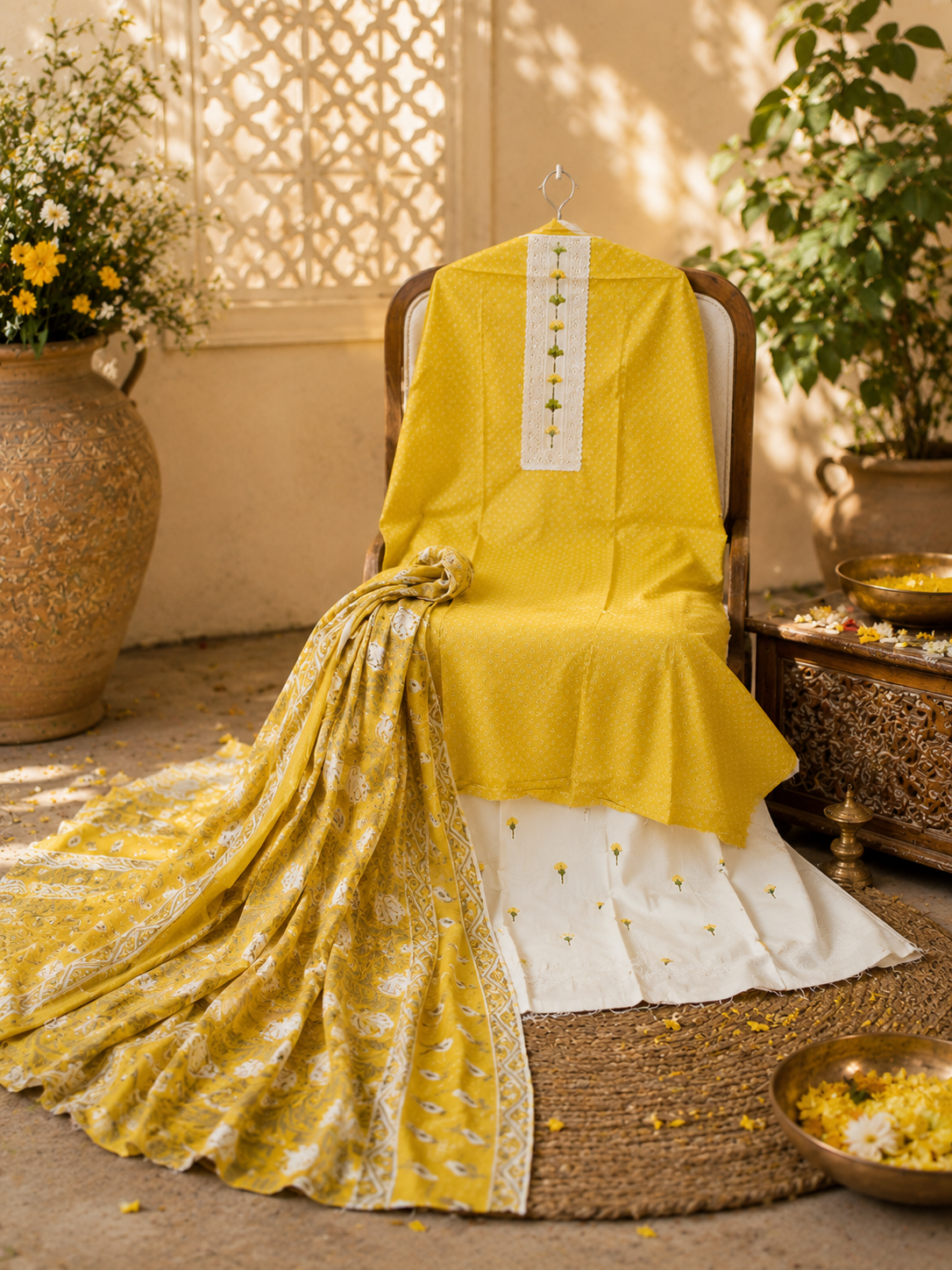 Pure cotton suit with embroidered bottom and print dupatta
