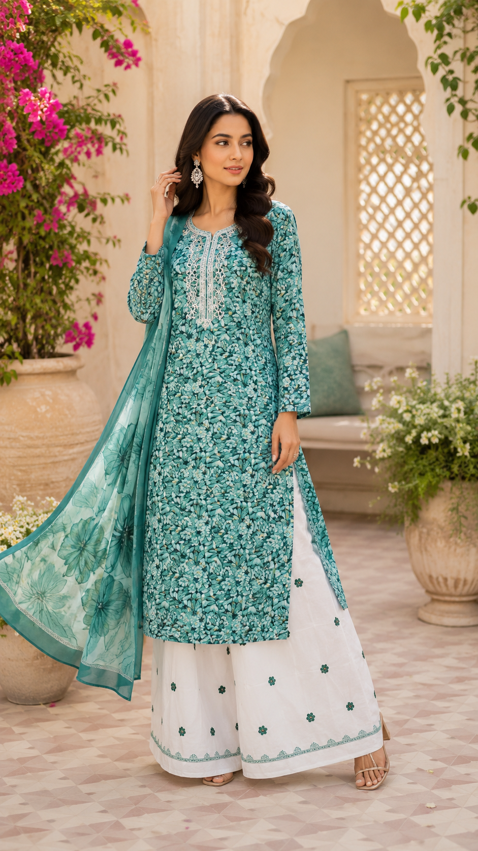 Cotton bottom work embroidered summer suit