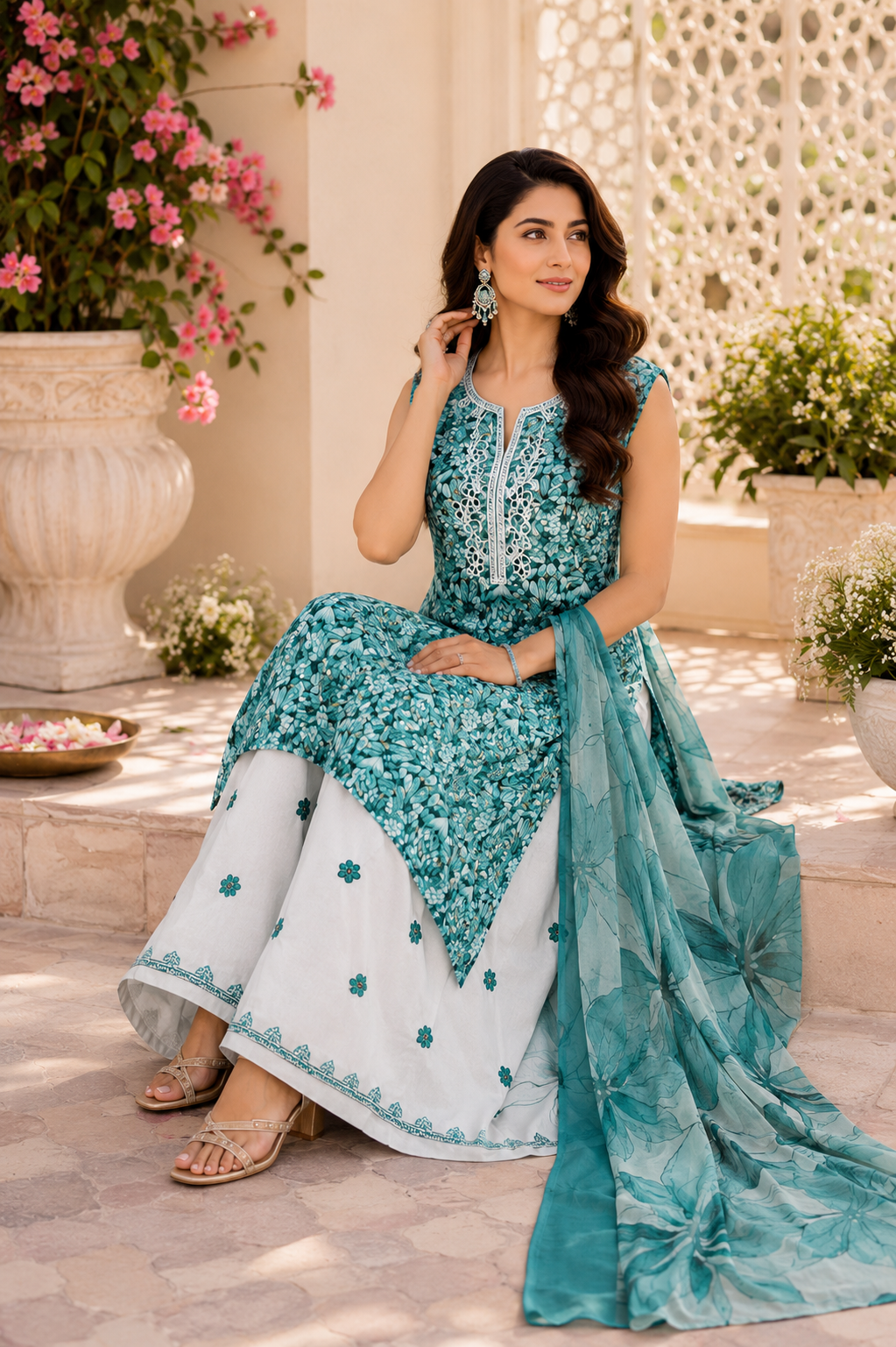 Cotton bottom work embroidered summer suit
