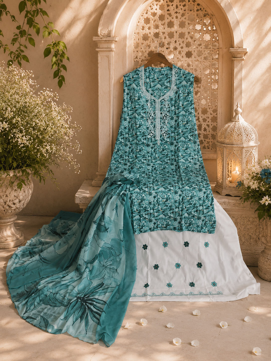 Cotton bottom work embroidered summer suit