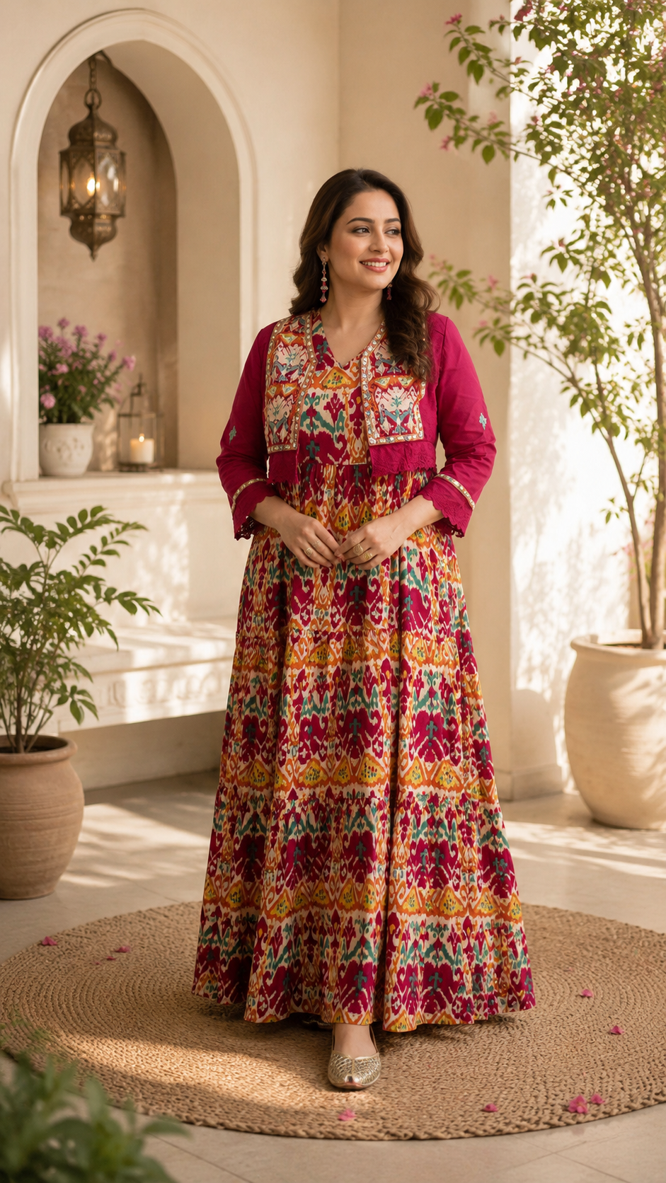 Pure cotton floral gown with embroidered jacket