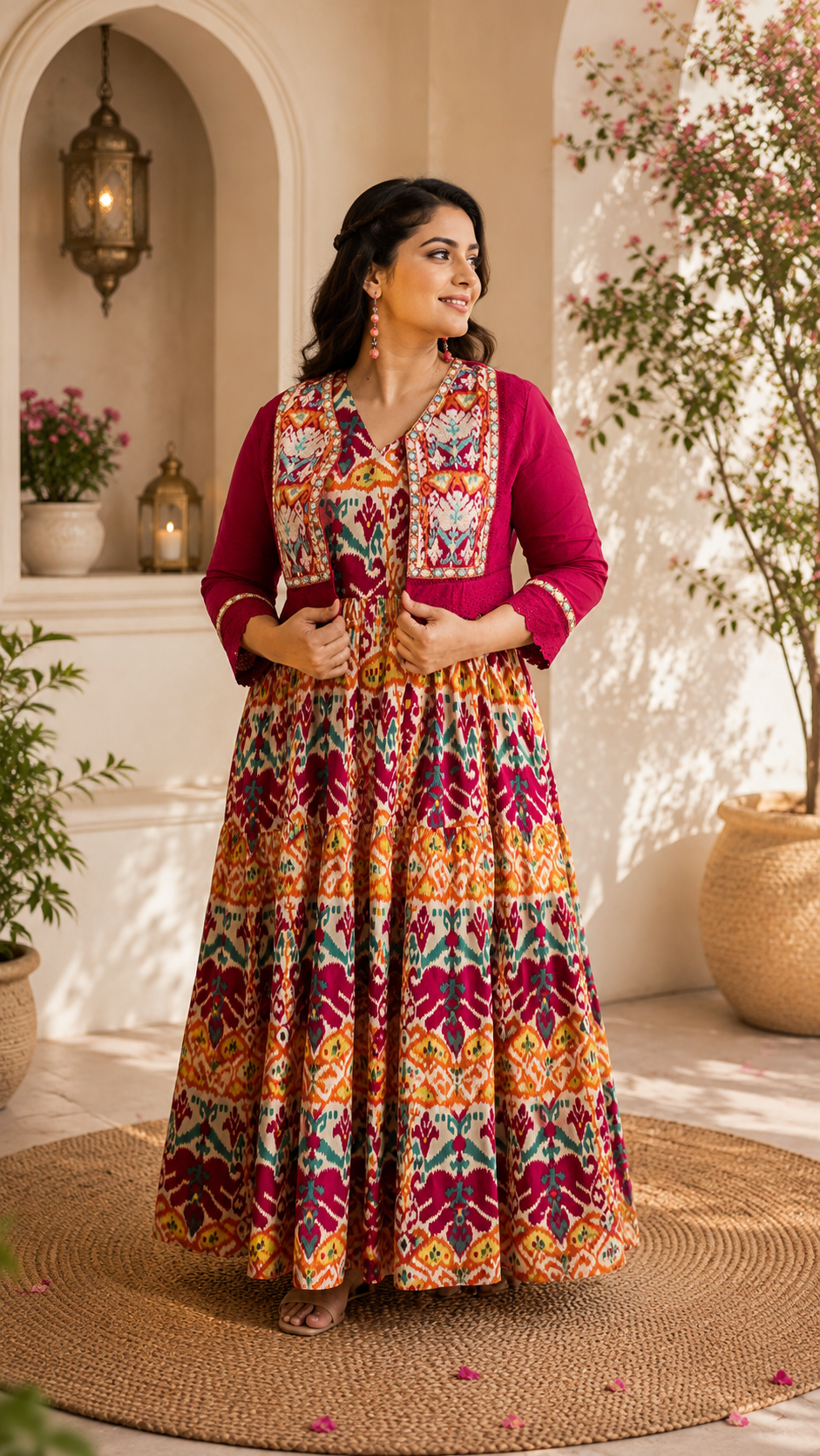 Pure cotton floral gown with embroidered jacket