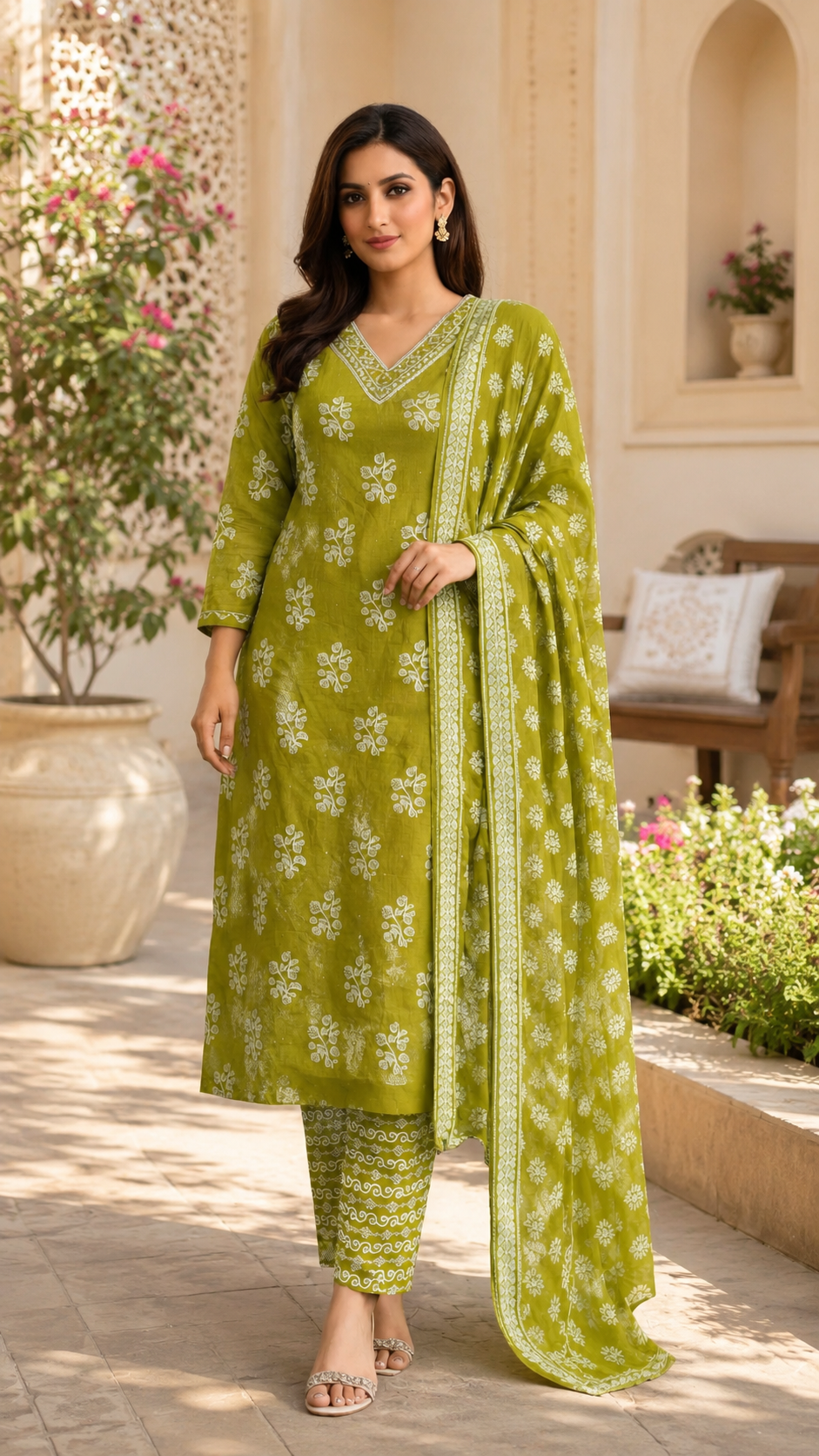 Daily wear / office wear slub cotton kurti, bottom and dupatta set