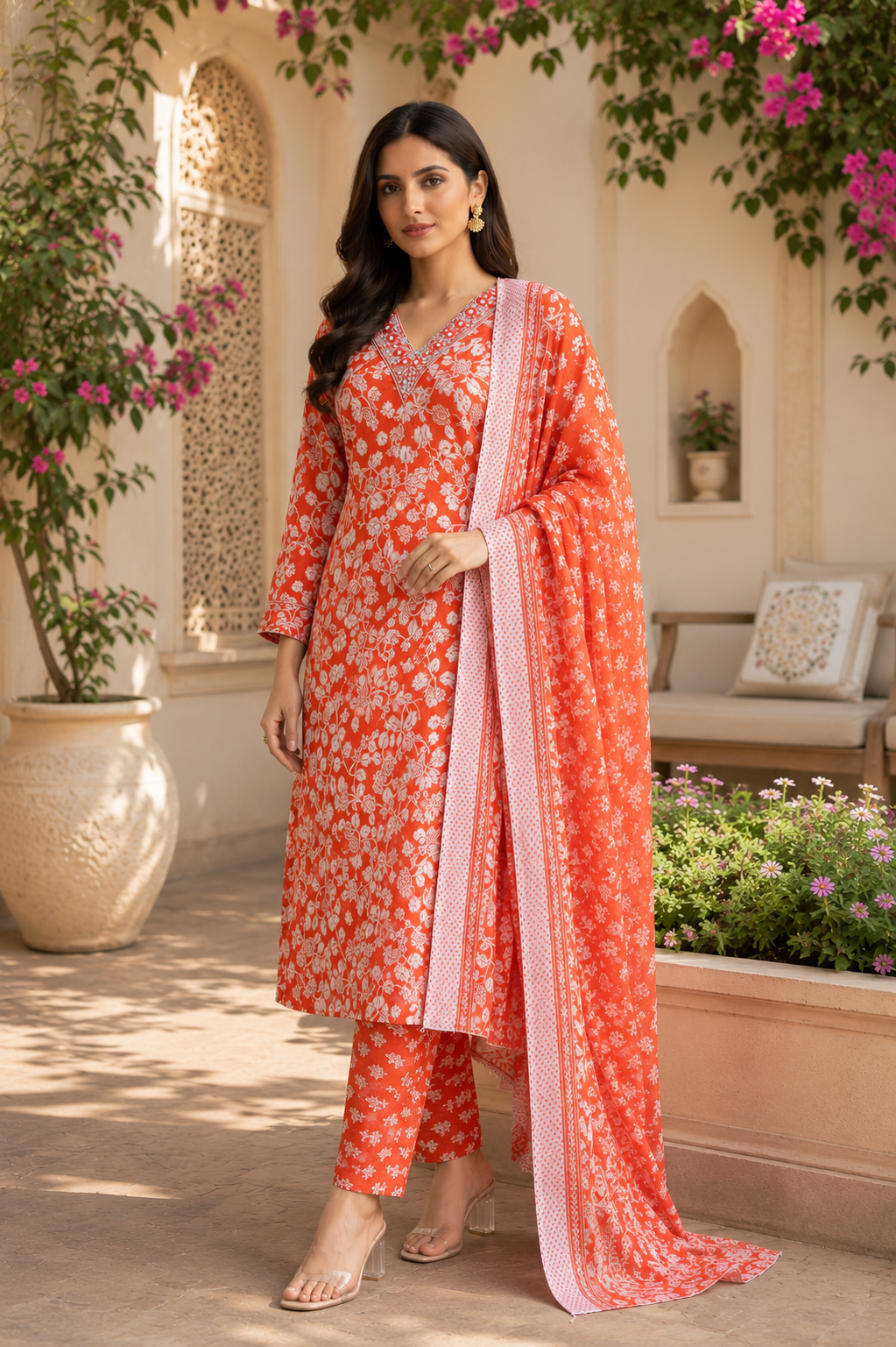 Daily wear / office wear slub cotton kurti, bottom and dupatta set