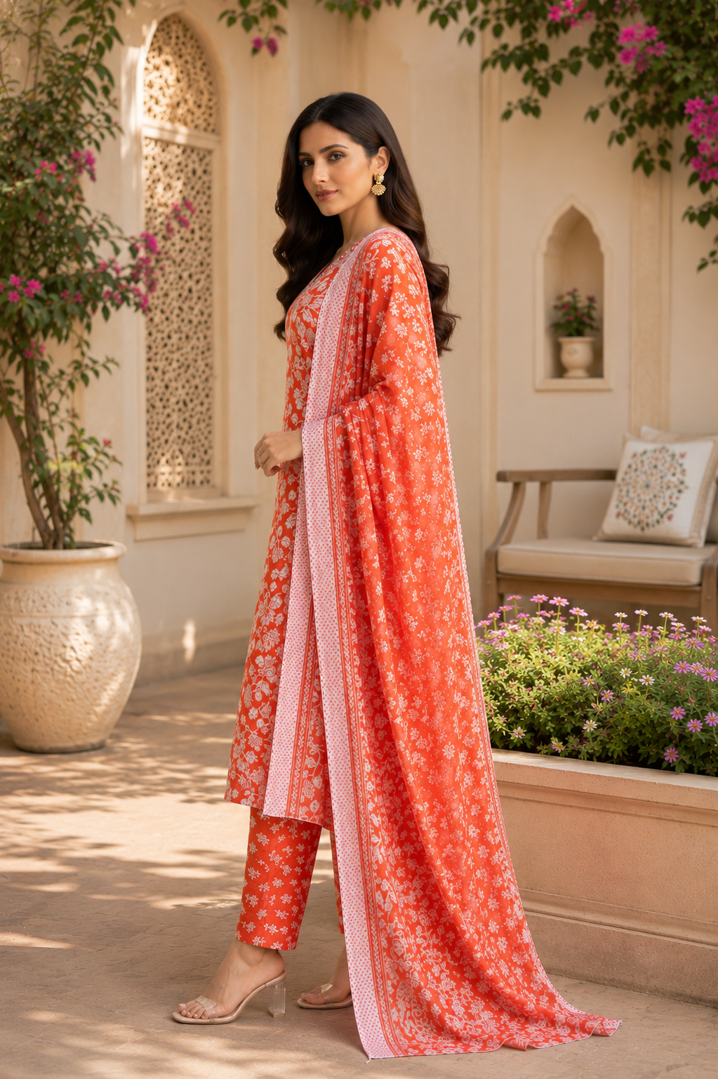 Daily wear / office wear slub cotton kurti, bottom and dupatta set