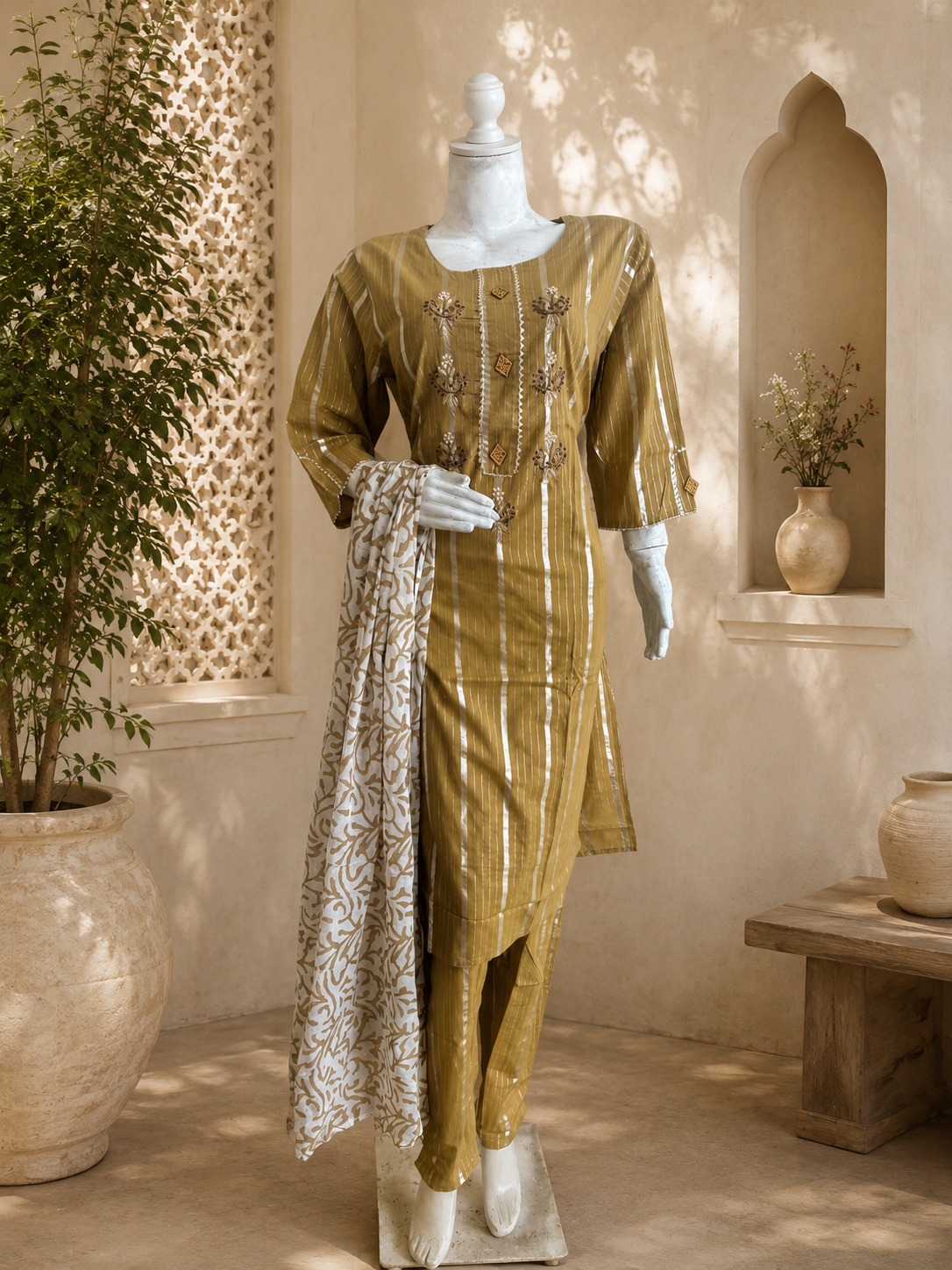Cottom shimmer  weaving kurti , bottom and dupatta set