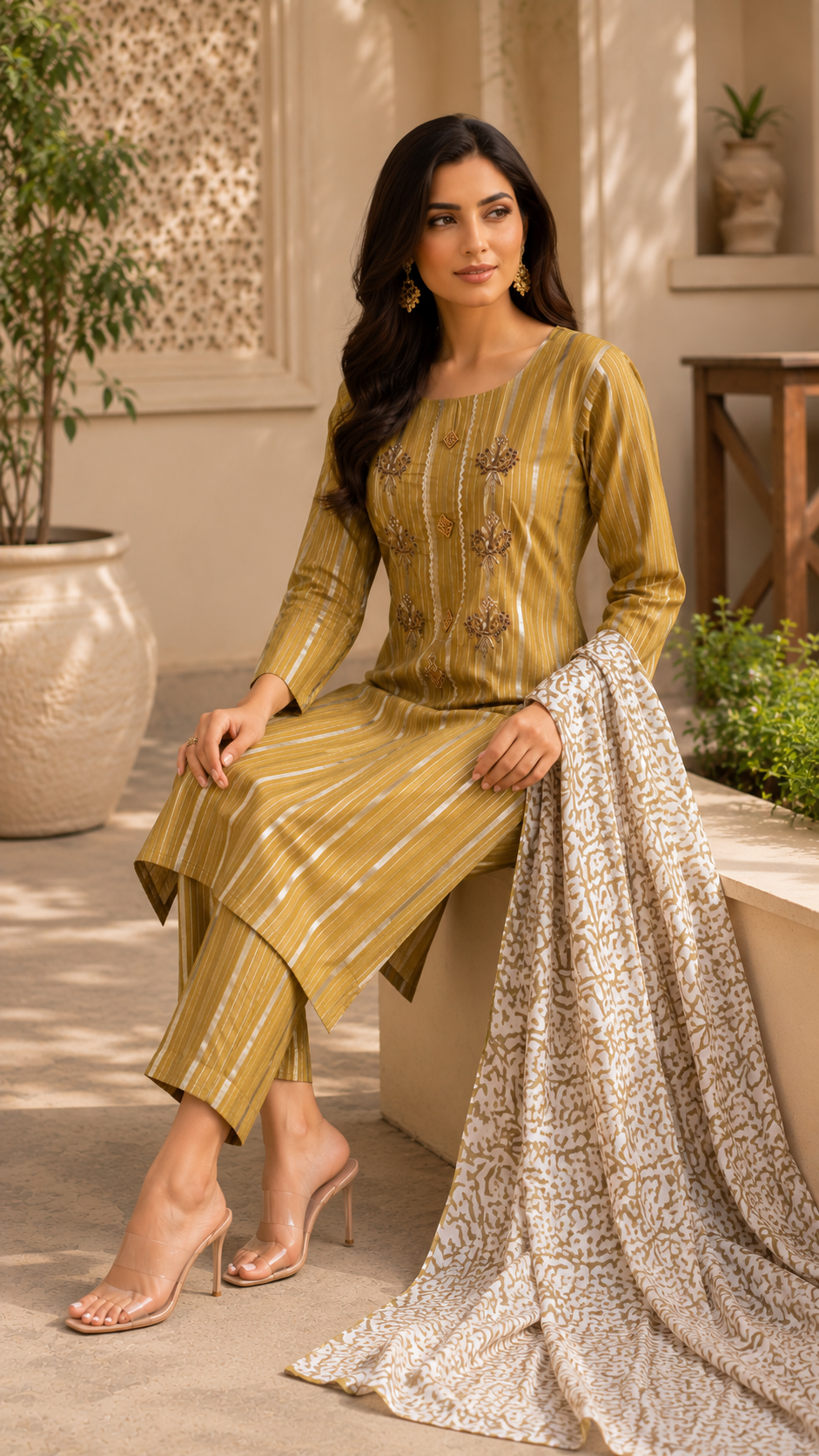 Cottom shimmer  weaving kurti , bottom and dupatta set