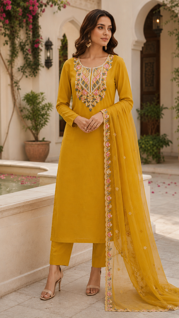 Designer embroidered semi stitched  suit , organza embroidered dupatta