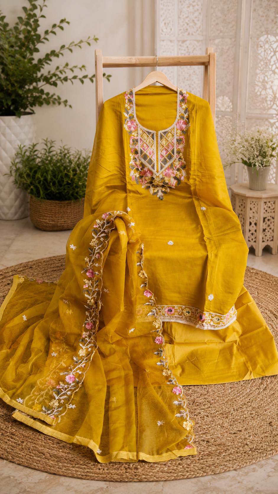 Designer embroidered semi stitched  suit , organza embroidered dupatta