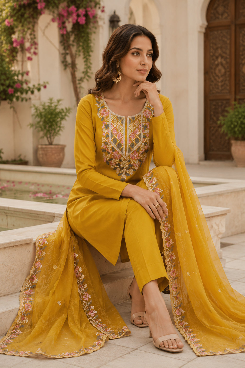 Designer embroidered semi stitched  suit , organza embroidered dupatta