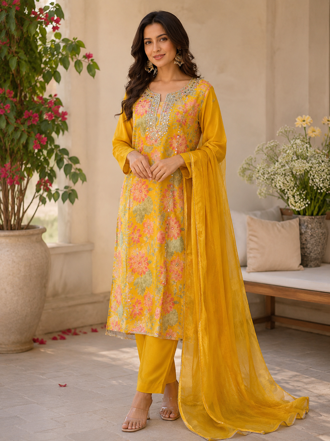 Pure viscose organza hand work suit