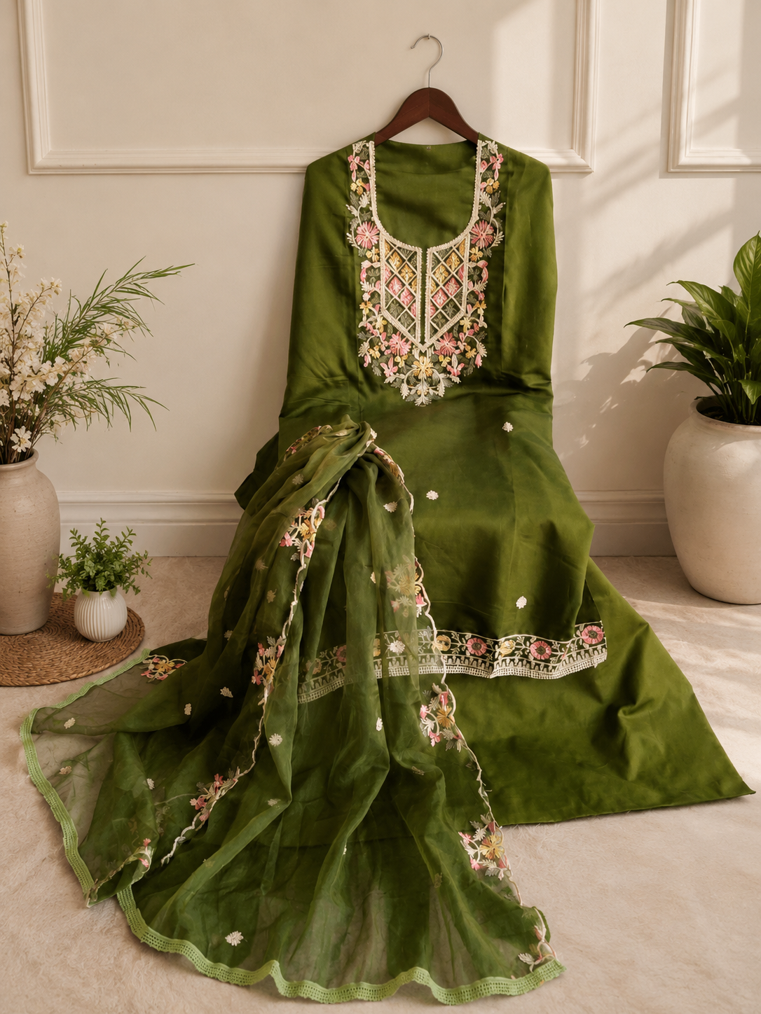 Designer embroidered semi stitched  suit , organza embroidered dupatta