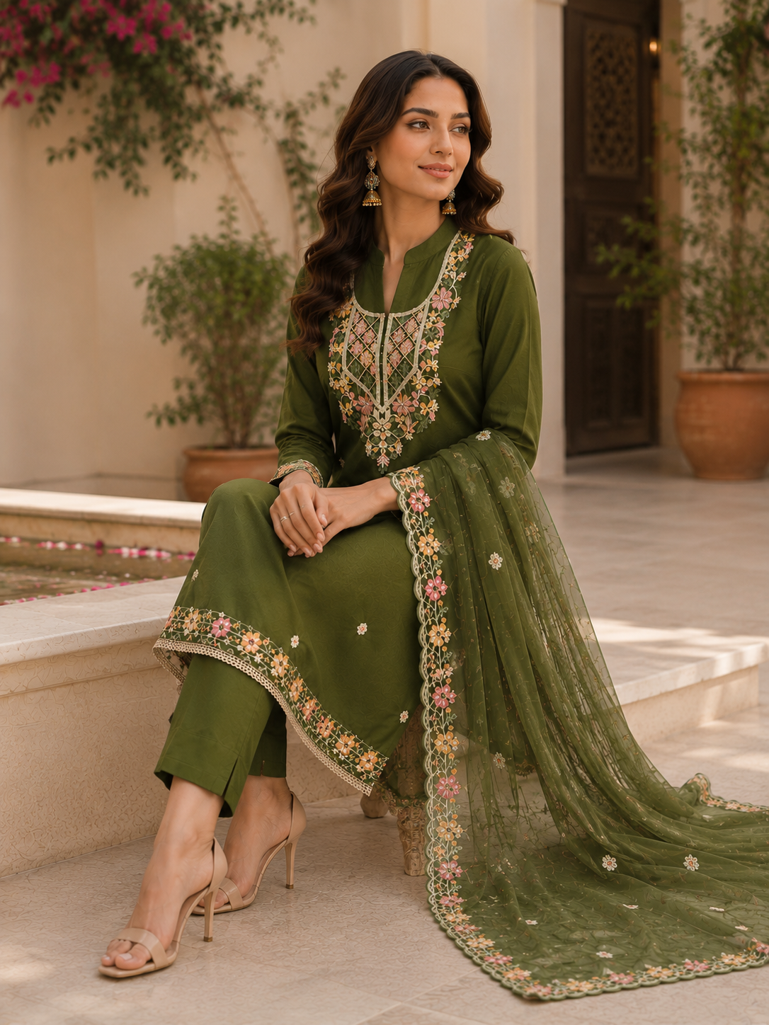 Designer embroidered semi stitched  suit , organza embroidered dupatta