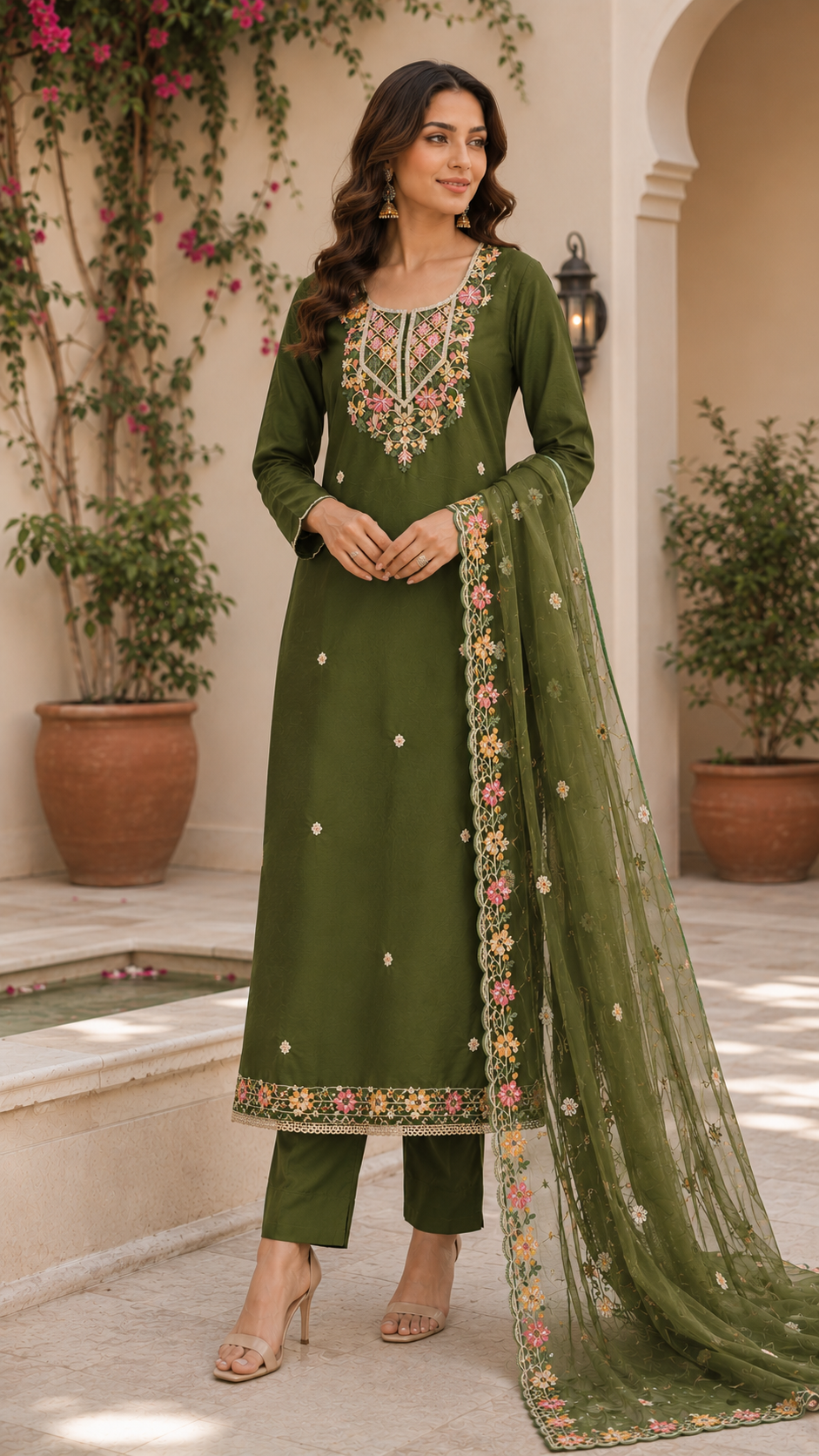 Designer embroidered semi stitched  suit , organza embroidered dupatta
