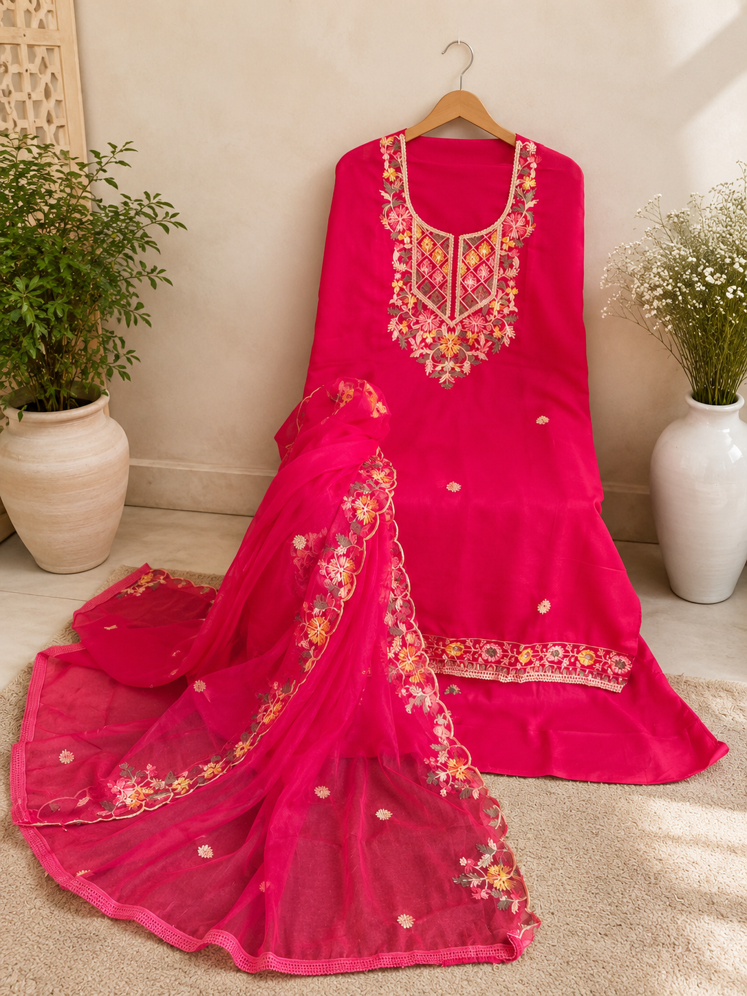 Designer embroidered semi stitched  suit , organza embroidered dupatta