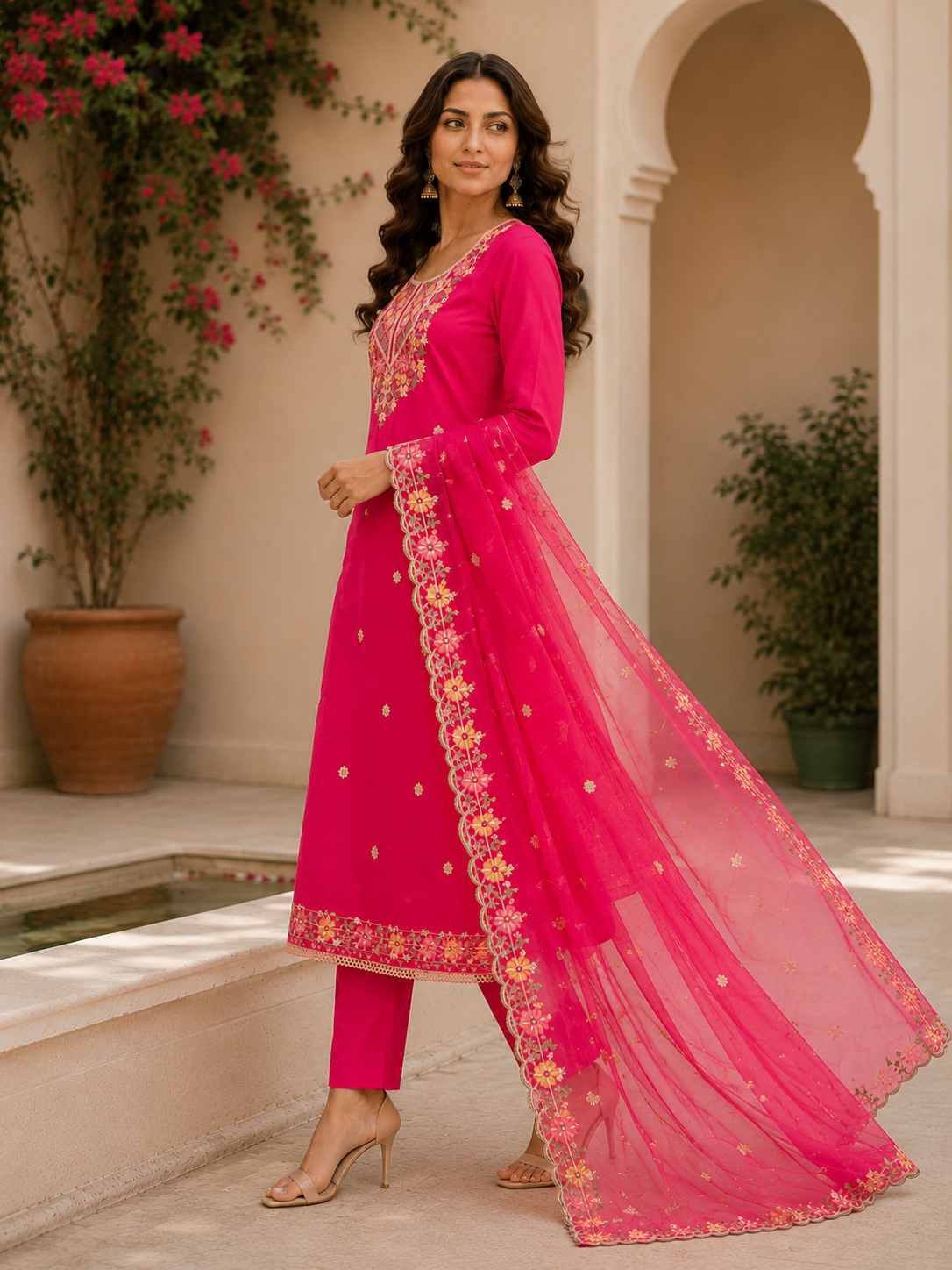 Designer embroidered semi stitched  suit , organza embroidered dupatta