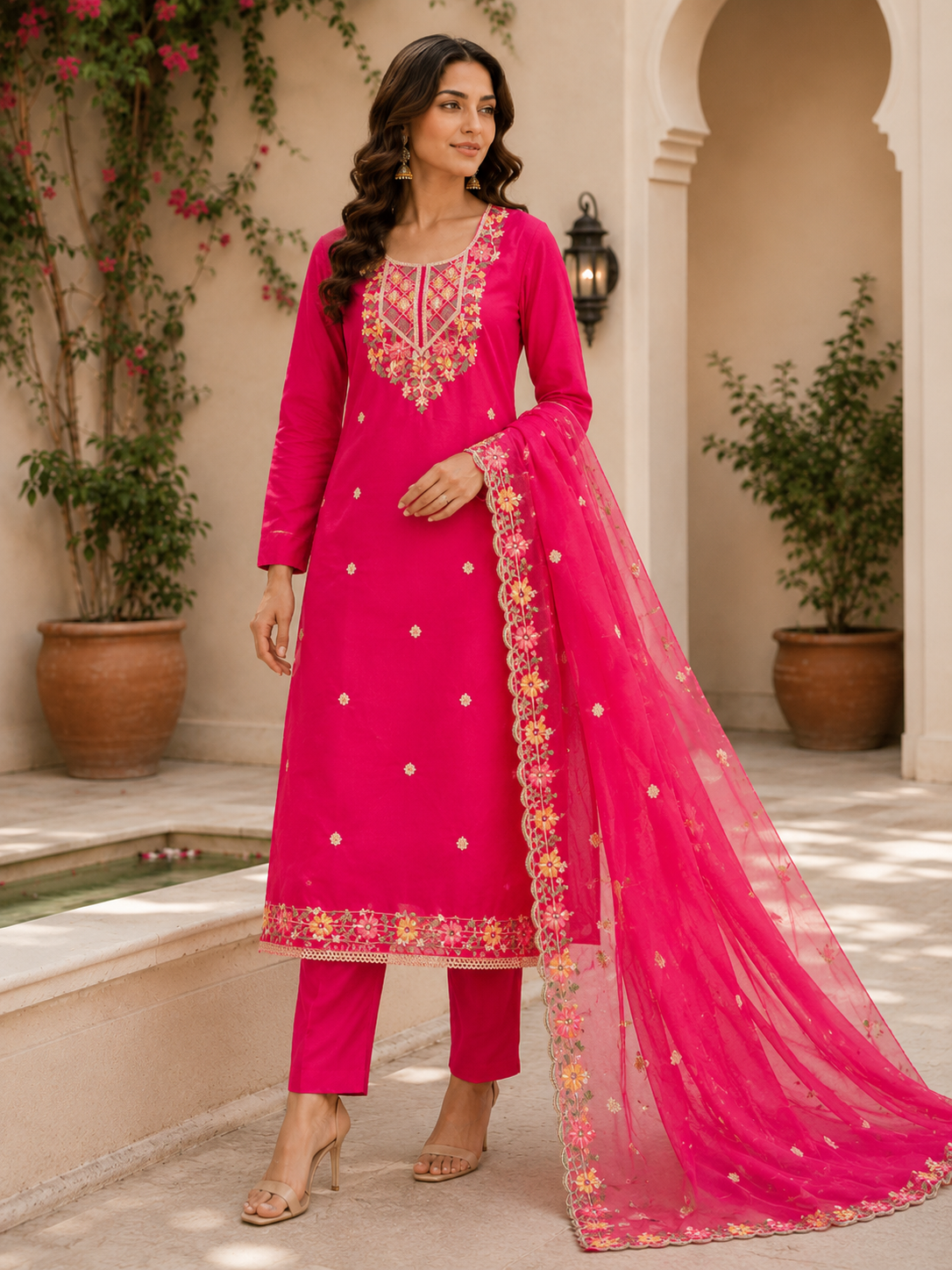 Designer embroidered semi stitched  suit , organza embroidered dupatta