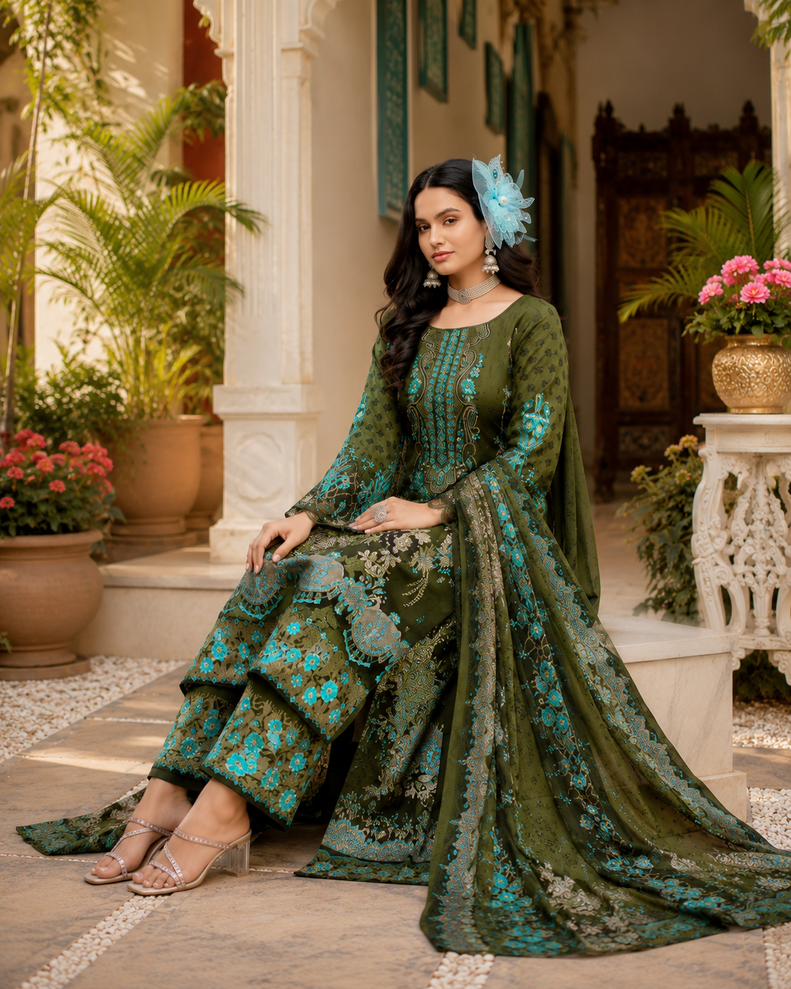 Pure cotton bottom print with embroidered top , cotton dupatta suit