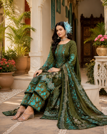 Pure cotton bottom print with embroidered top , cotton dupatta suit