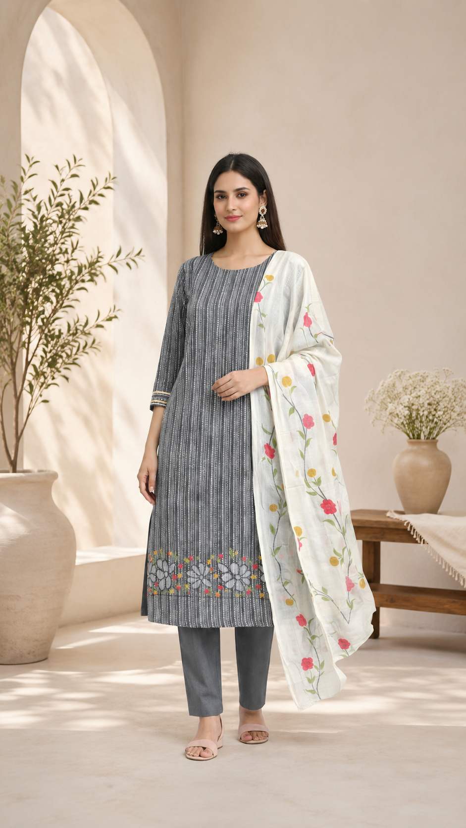 Pure cotton beautiful print with embroidered ghera with cotton dupatta