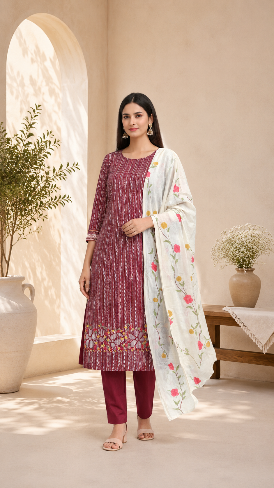 Pure cotton beautiful print with embroidered ghera with cotton dupatta