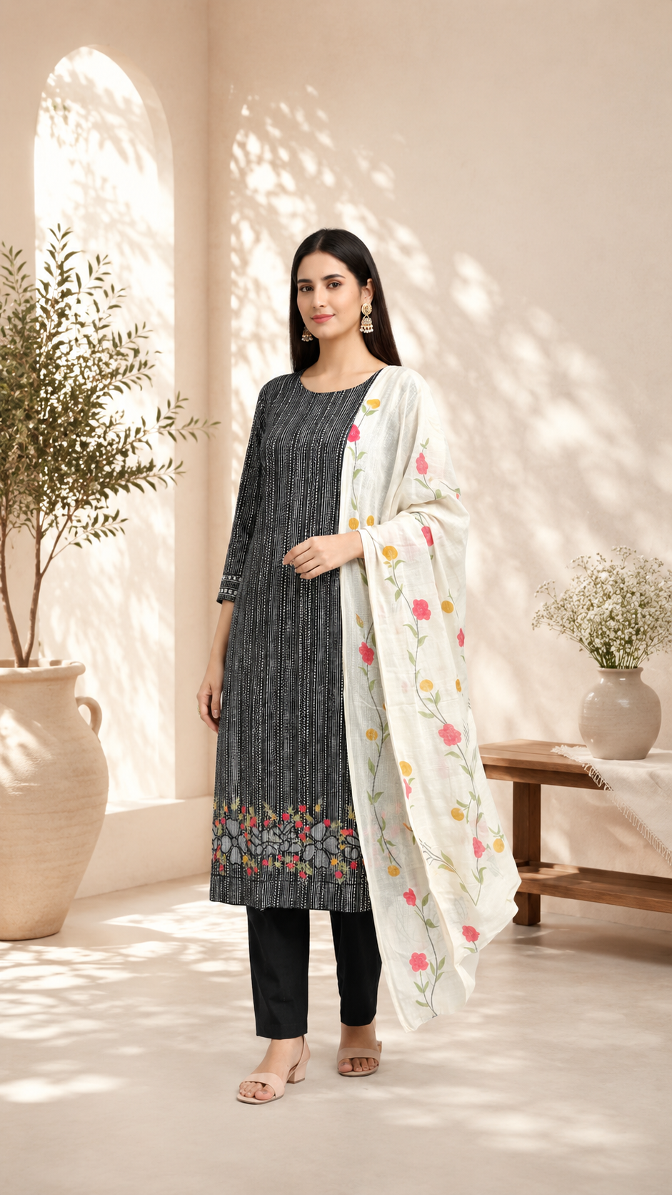 Pure cotton beautiful print with embroidered ghera with cotton dupatta