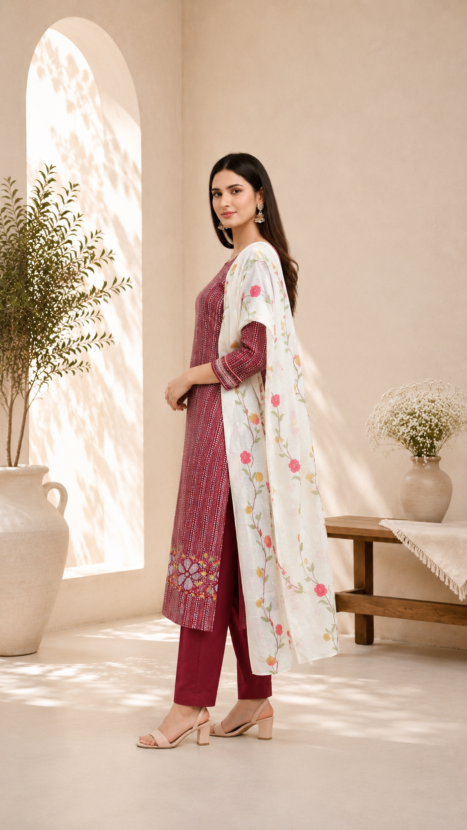Pure cotton beautiful print with embroidered ghera with cotton dupatta