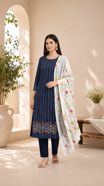 Pure cotton beautiful print with embroidered ghera with cotton dupatta
