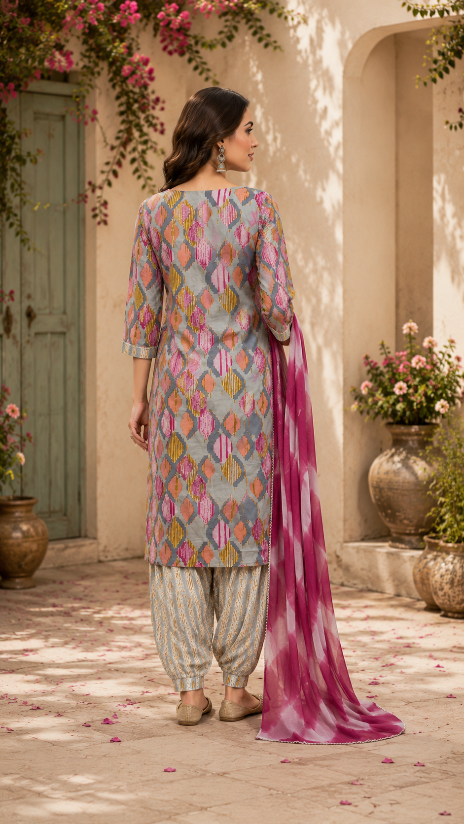 Cotton designer kurti, bottom and  chiffon dupatta set