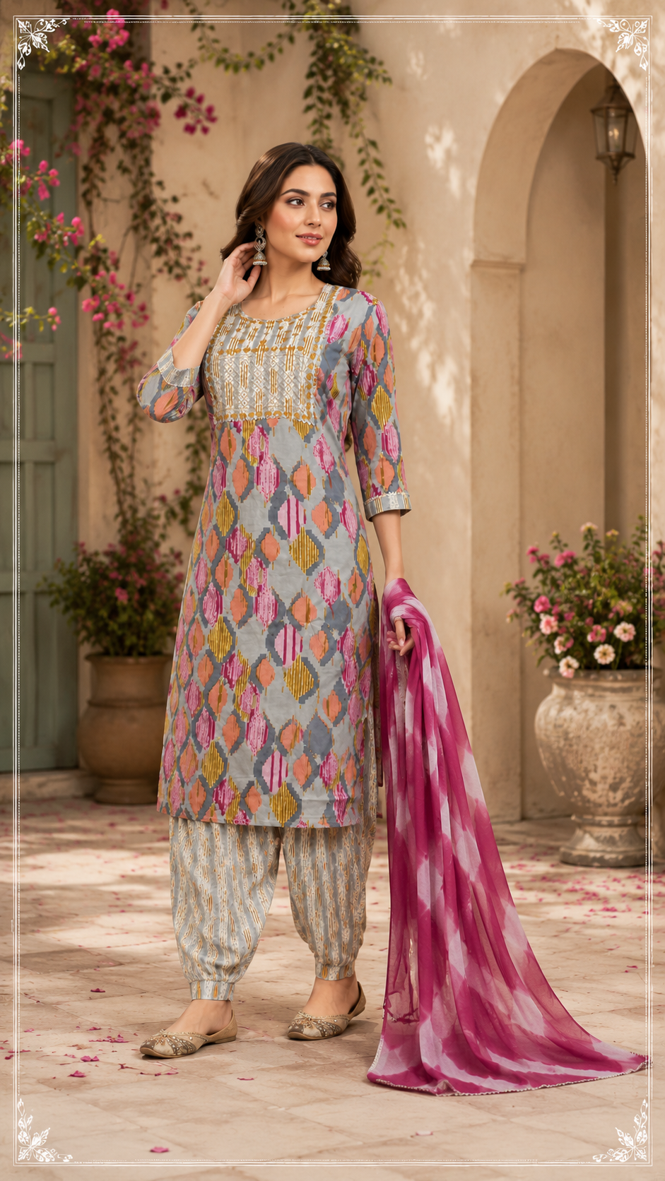 Cotton designer kurti, bottom and  chiffon dupatta set