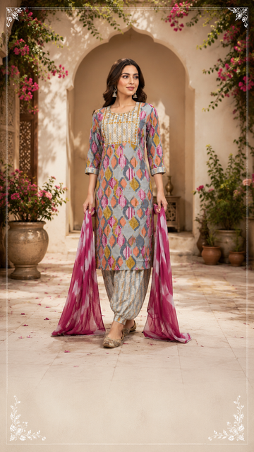 Cotton designer kurti, bottom and  chiffon dupatta set