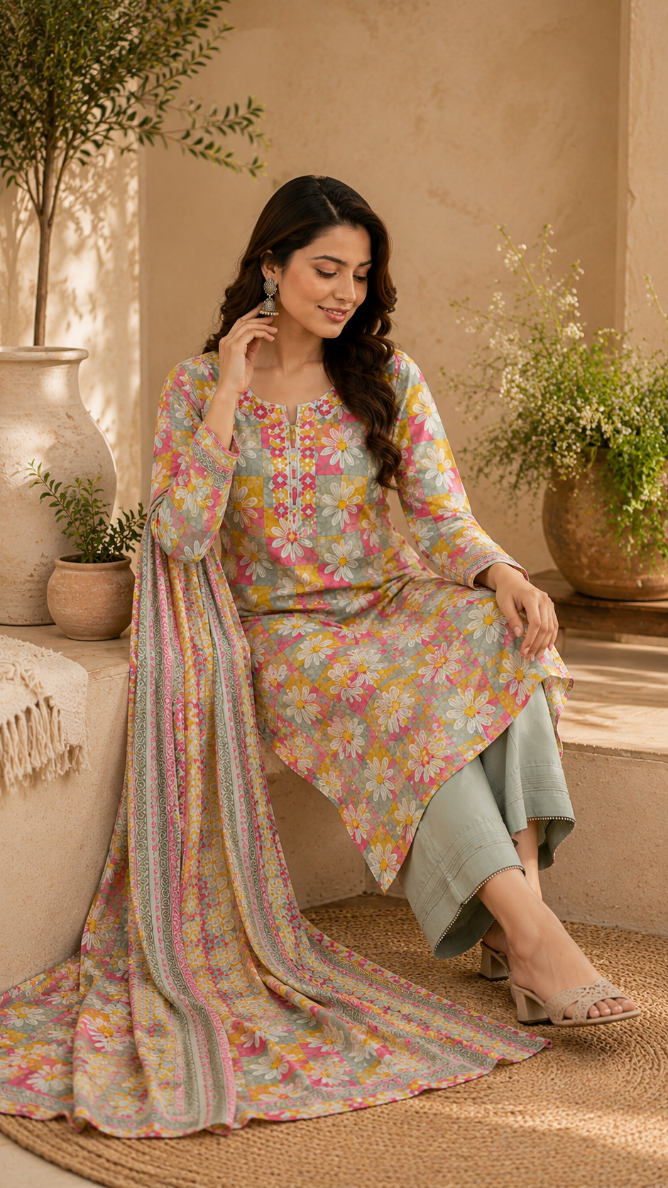 Pure cotton daily wear / office wear print plus embroidered suit