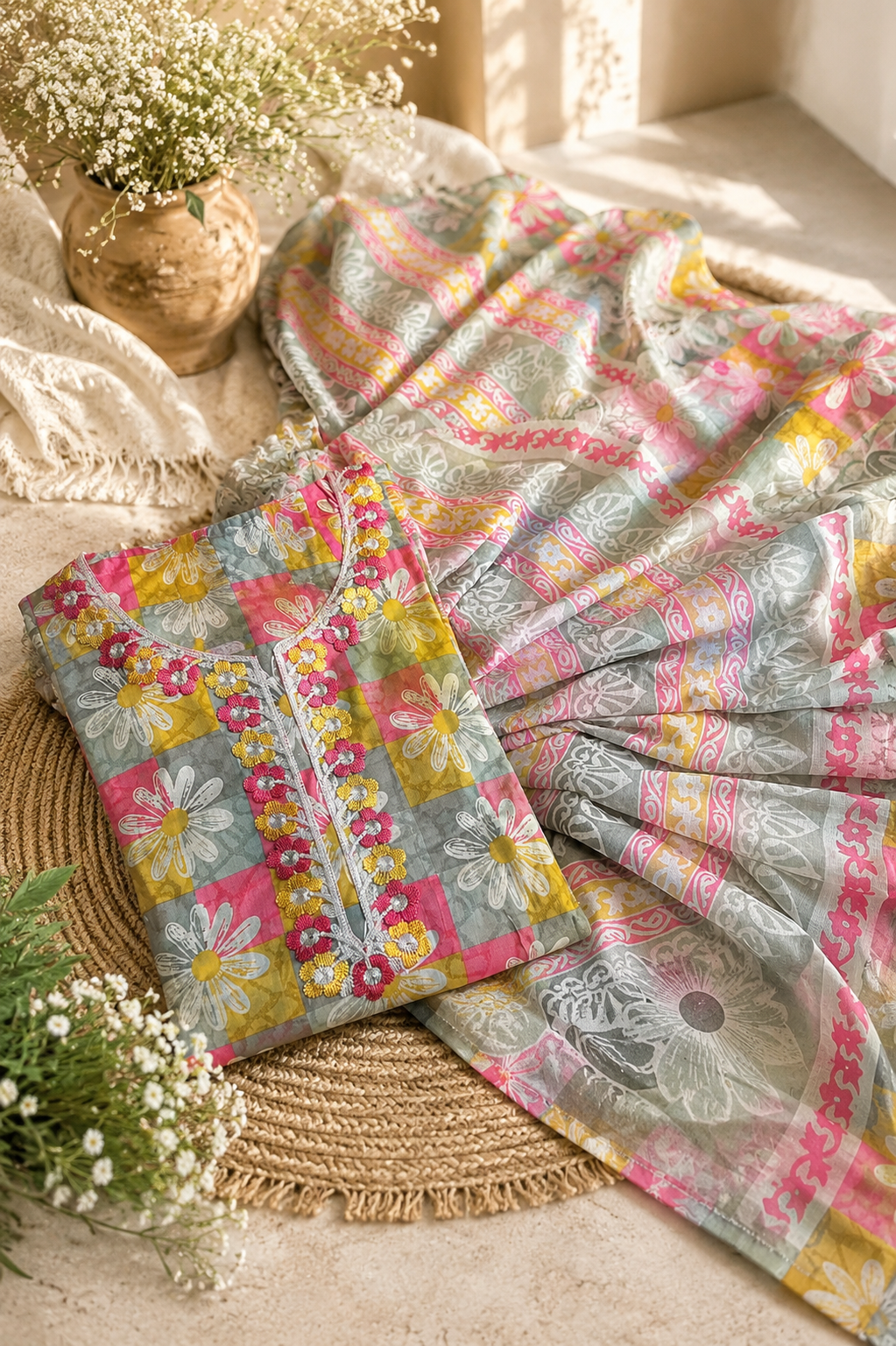 Pure cotton daily wear / office wear print plus embroidered suit