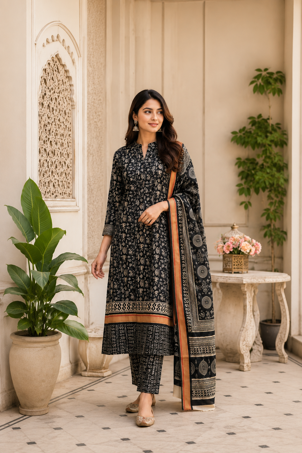 Trending worli design pure cotton border suit with cotton dupatta