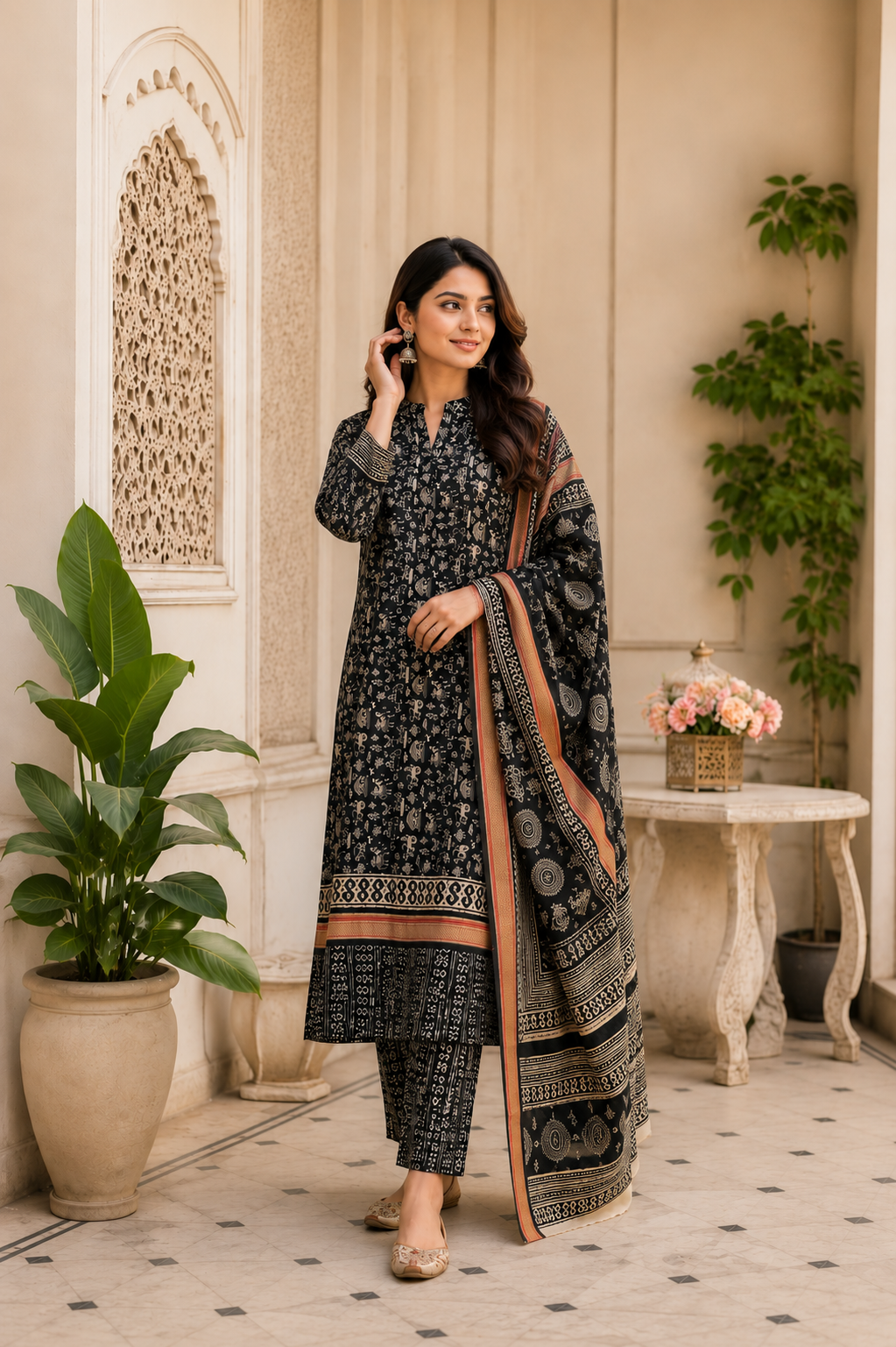 Trending worli design pure cotton border suit with cotton dupatta