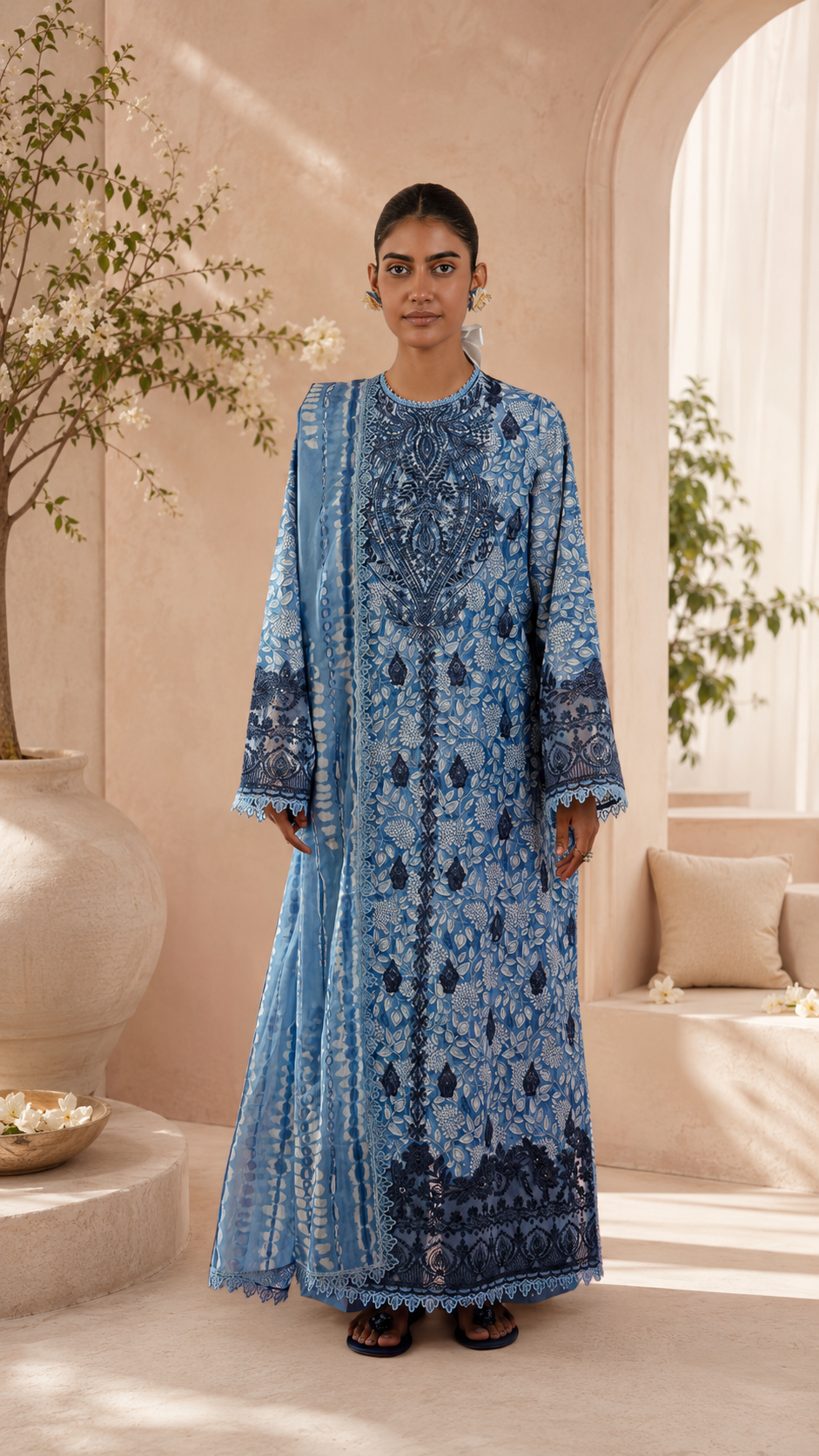 Pakistani style lawn cotton designer blue shade suit