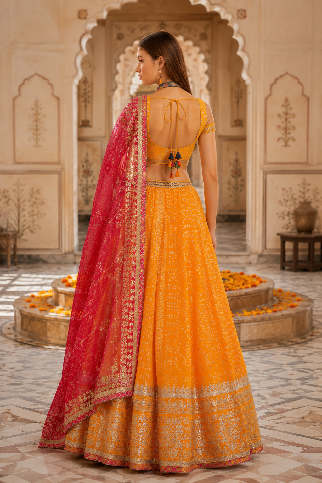 Yellow shade kotta checks jaipuri lehenga.