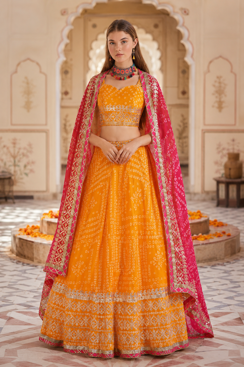 Yellow shade kotta checks jaipuri lehenga.
