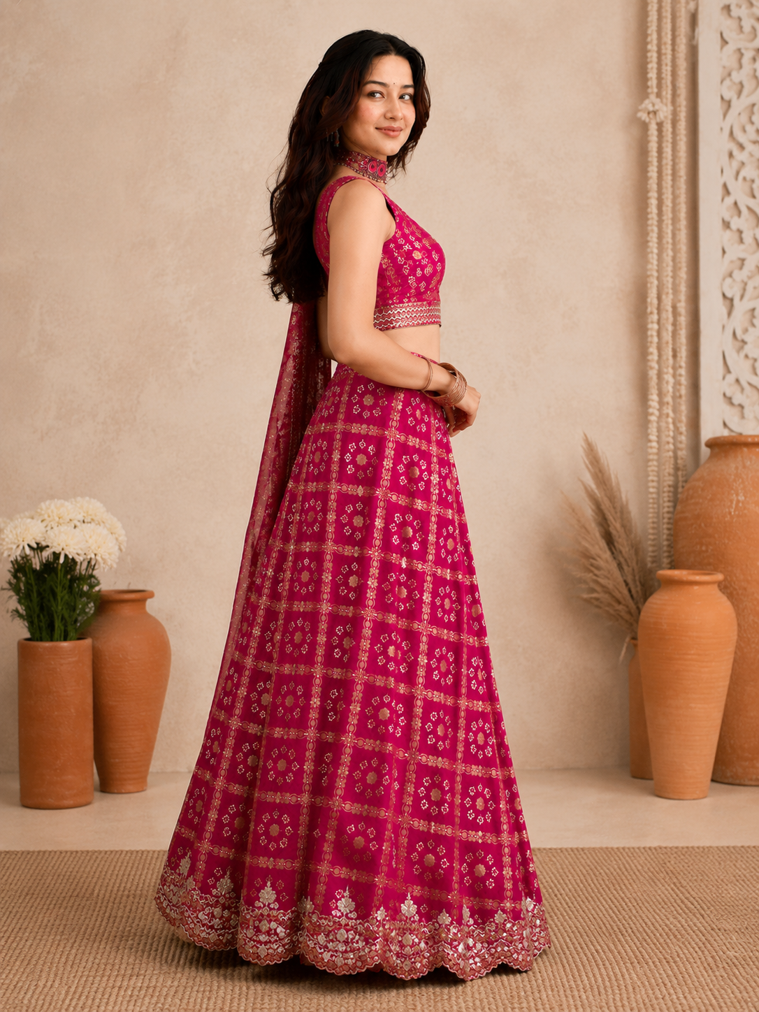 PRETTY PINK GHADCHOLA SILK BANDJEJ LEHENGA CHOLI