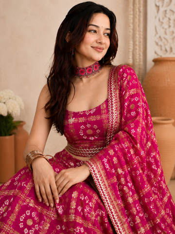 PRETTY PINK GHADCHOLA SILK BANDJEJ LEHENGA CHOLI