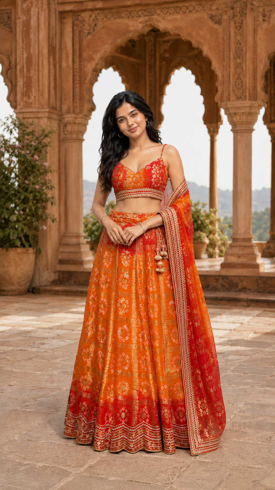 Double shade ghadchola silk bandhej lehenga choli